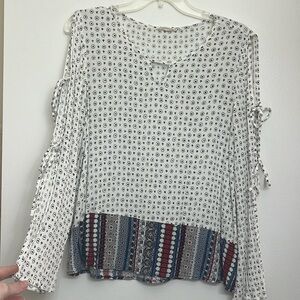 Hem & Thread White Printed Long Sleeve Blouse with Blue & Red Hem